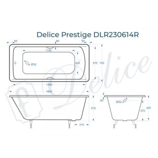 Ванна чугунная Delice Prestige DLR230614R 160х70 с отверстиями под ручки